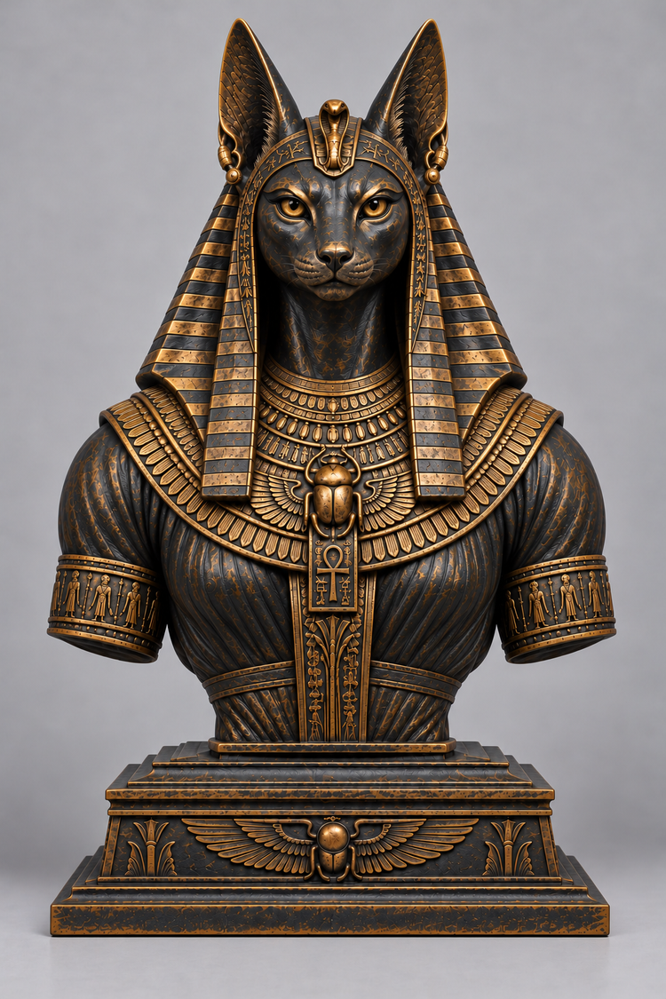 Buste de Bastet sur socle – Déesse égyptienne à tête de chat, sculpture décorative
